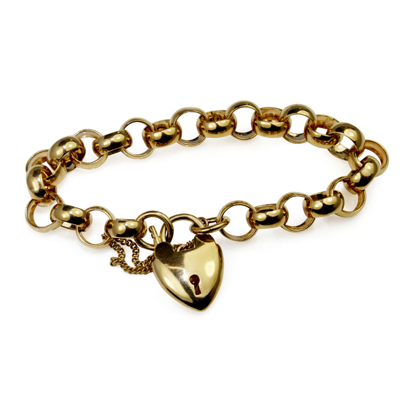 9ct Yellow Gold Belcher Link Bracelet with Heart Padlock Clasp