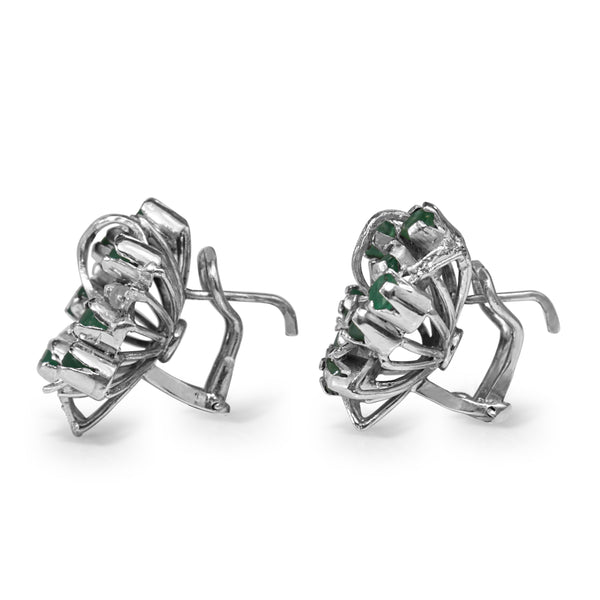 Palladium Emerald and Single Cut Diamond Vintage Earrings