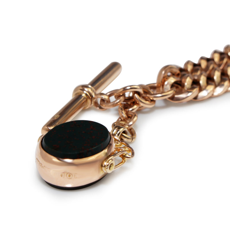 9ct Rose Gold Antique Graduated Curb Link Fob Chain with BloodStone Spinner