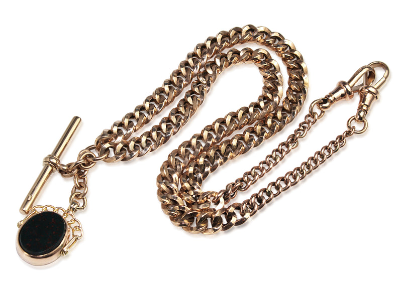 9ct Rose Gold Antique Graduated Curb Link Fob Chain with BloodStone Spinner