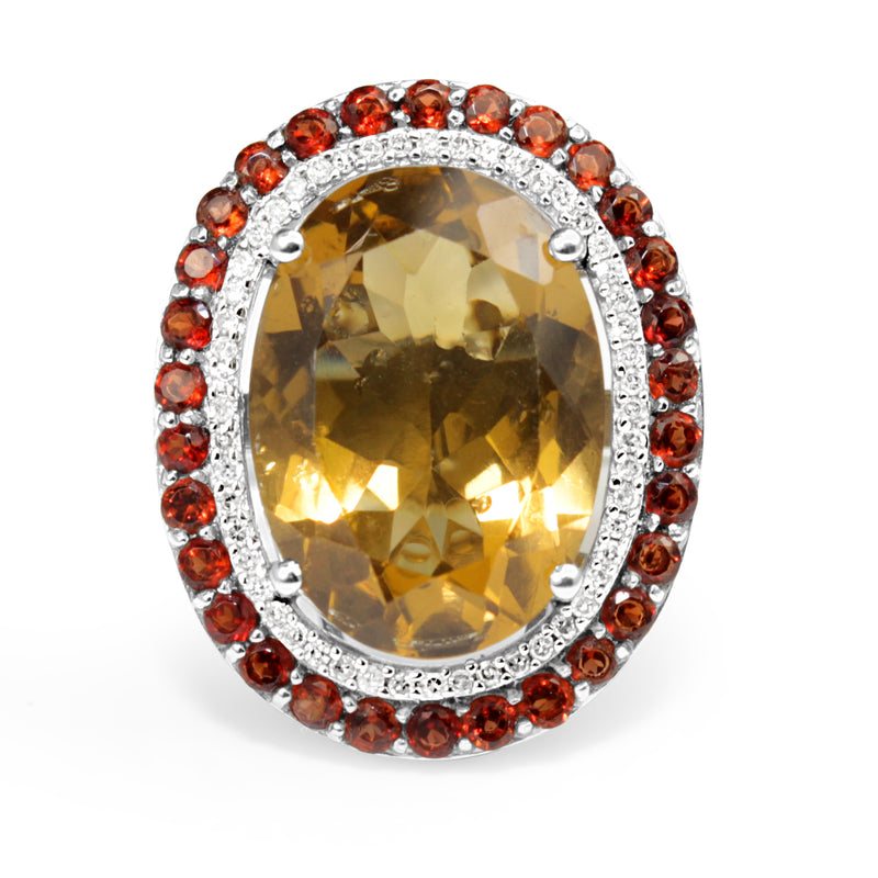14ct White Gold Citrine, Garnet and Diamond Ring