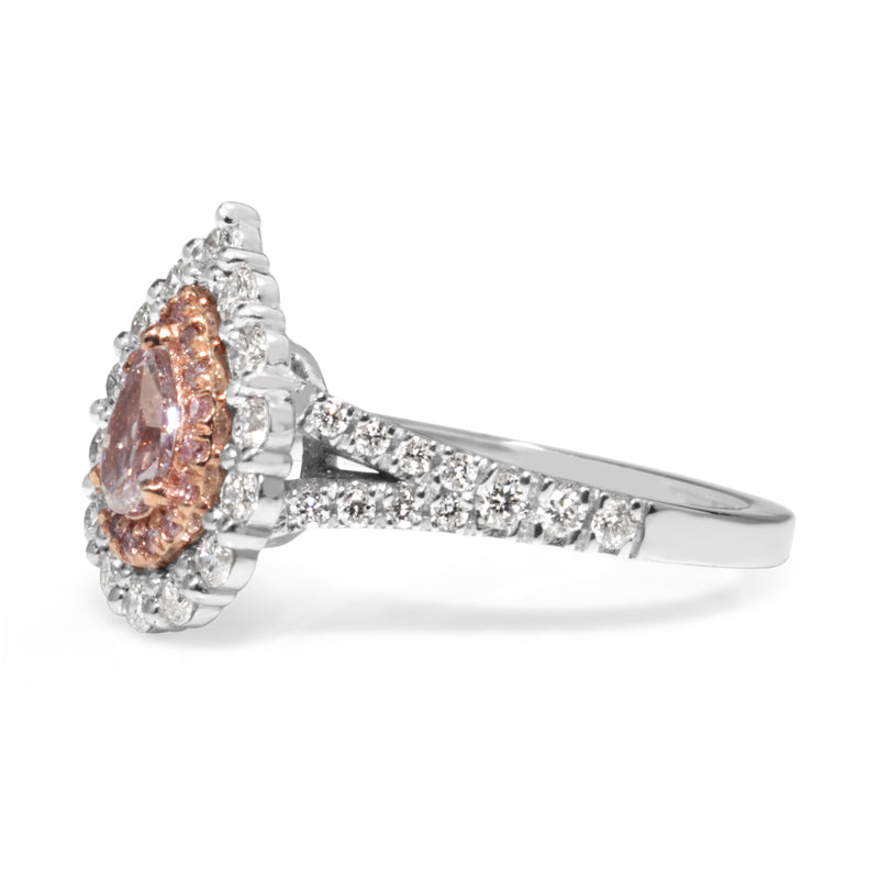 18ct White Gold Pink and White Pear Diamond Halo Ring
