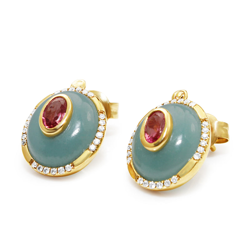 9ct Yellow Gold Amazonite, Tourmaline and Diamond Stud Earrings