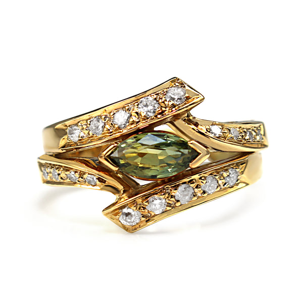 18ct Yellow Gold Green Sapphire and Diamond Ring