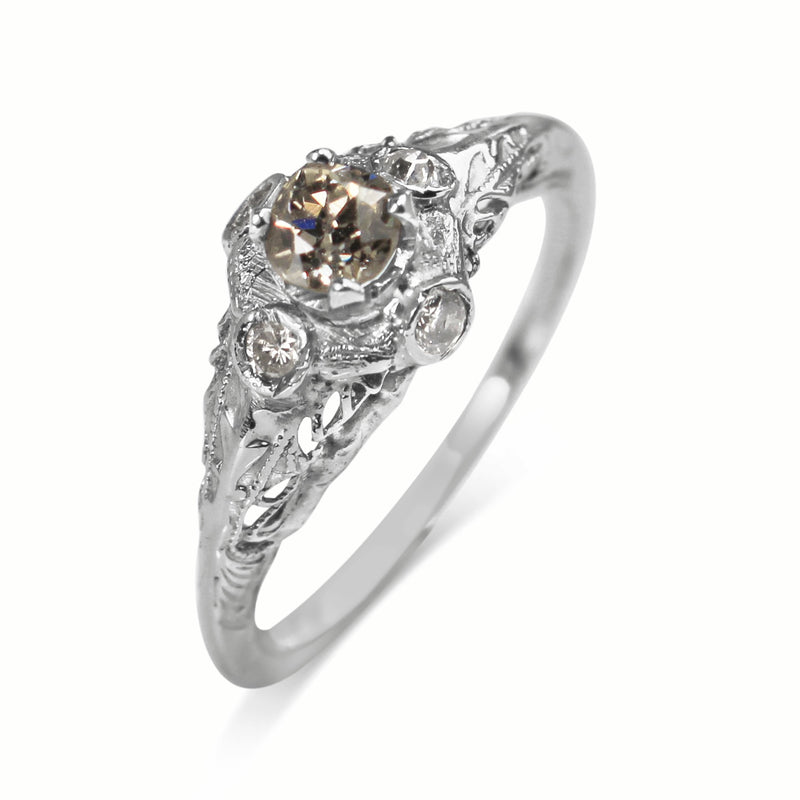 14ct White Gold Antique Old Cut Champagne Diamond Ring