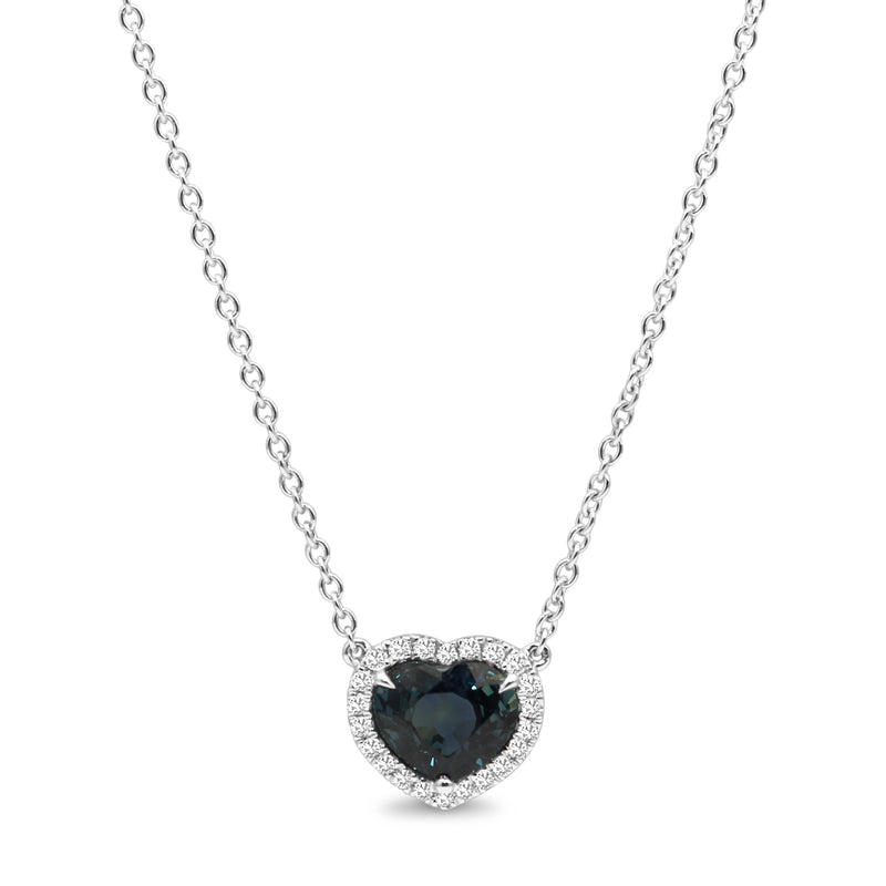 18ct White Gold Sapphire Heart and Diamond Halo Necklace