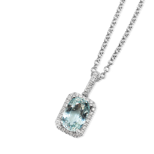 18ct White Gold Aquamarine and Diamond Halo Pendant