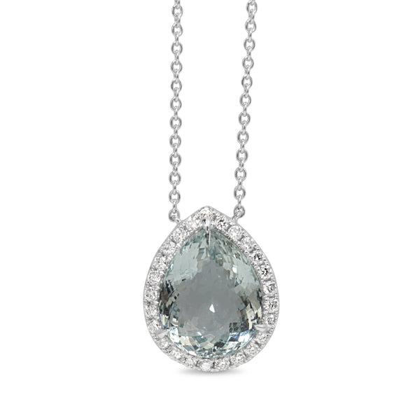 18ct White Gold Aquamarine and Diamond Halo Necklace