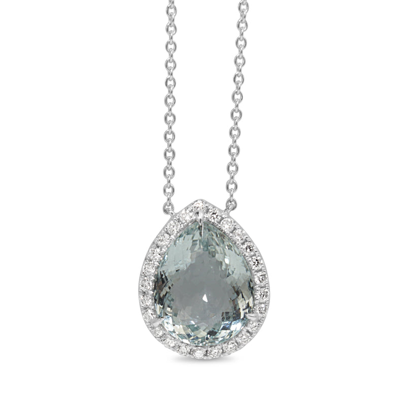 18ct White Gold Aquamarine and Diamond Halo Necklace