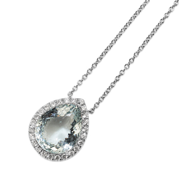 18ct White Gold Aquamarine and Diamond Halo Necklace