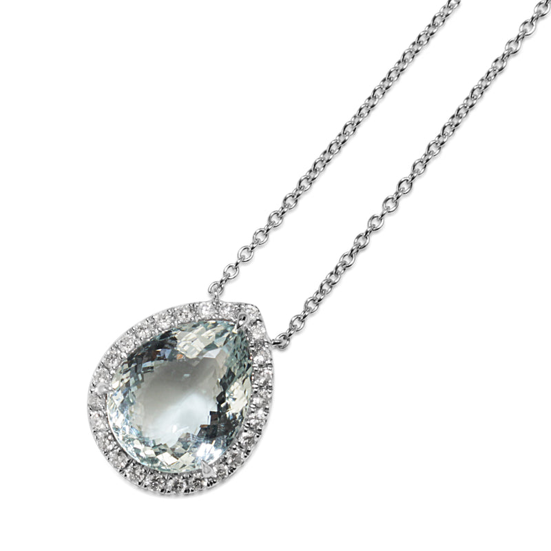 18ct White Gold Aquamarine and Diamond Halo Necklace