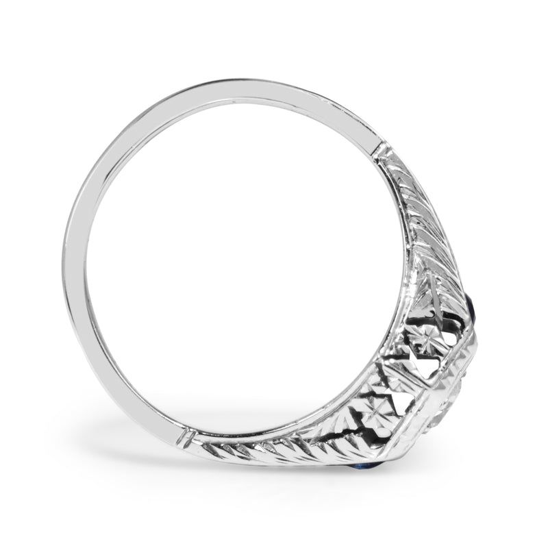 18ct White Gold Art Deco Old Cut Diamond and Sapphire Ring