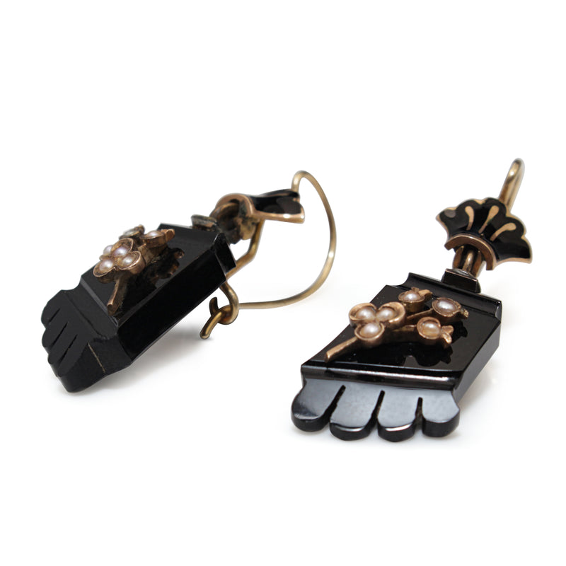 14ct Yellow Gold Antique Onyx and Pearl Earrings