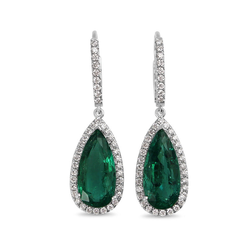 18ct White Gold Teardrop Emerald and Diamond Halo Earrings