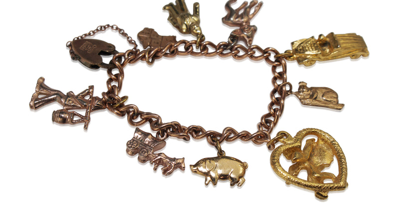 9ct Rose Gold Lined and Plated Estate Charm Bracelet with 2 x 9ct Charms