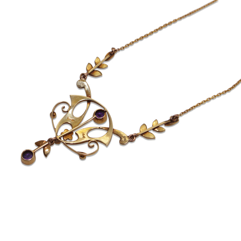 14ct Yellow Gold Antique Pearl, Amethyst and Peridot Suffragette Necklace