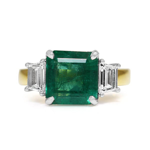 18ct Yellow and White Gold Emerald and Diamond 3 Stone Ring