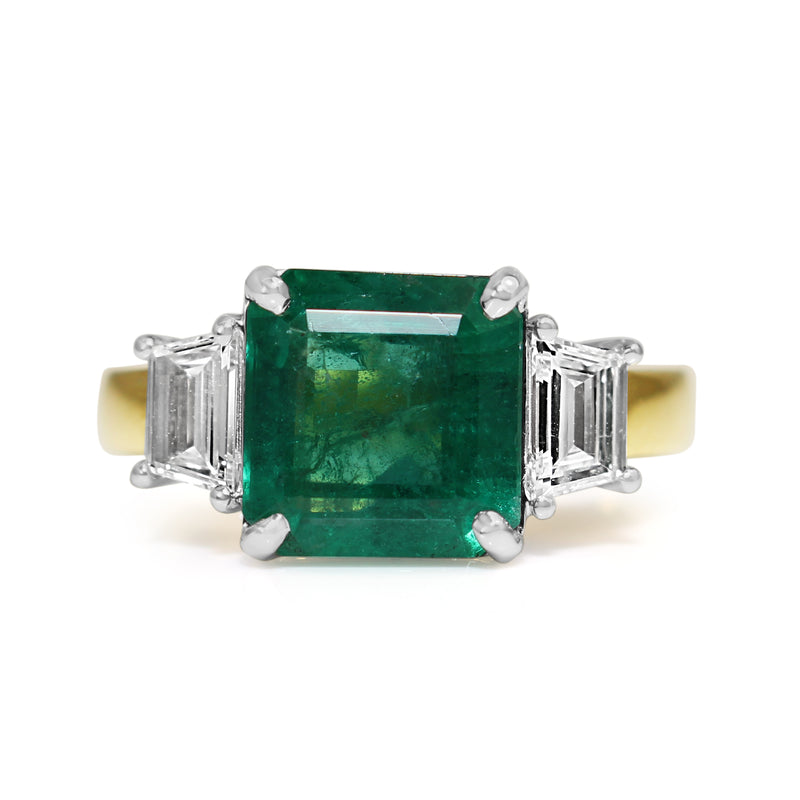 18ct Yellow and White Gold Emerald and Diamond 3 Stone Ring