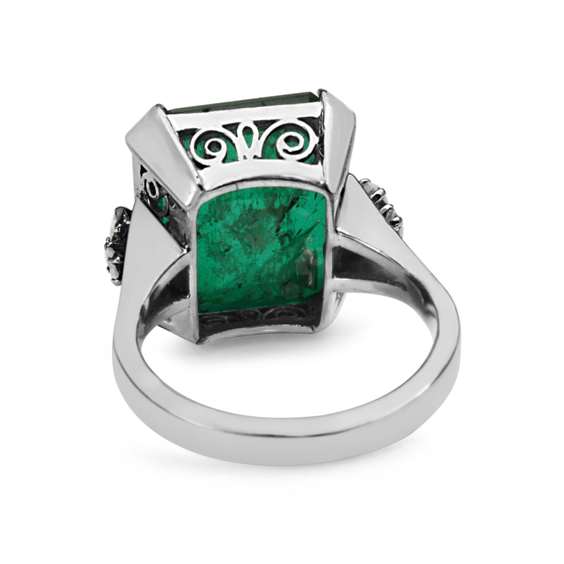 14ct White Gold Emerald and Single Cut Diamond Ring