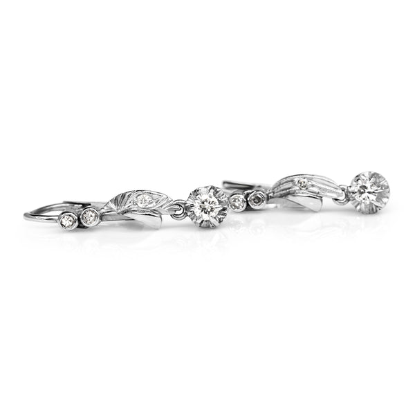 Palladium Art Deco Single Cut Diamond Drop Earrings With 9ct Backings