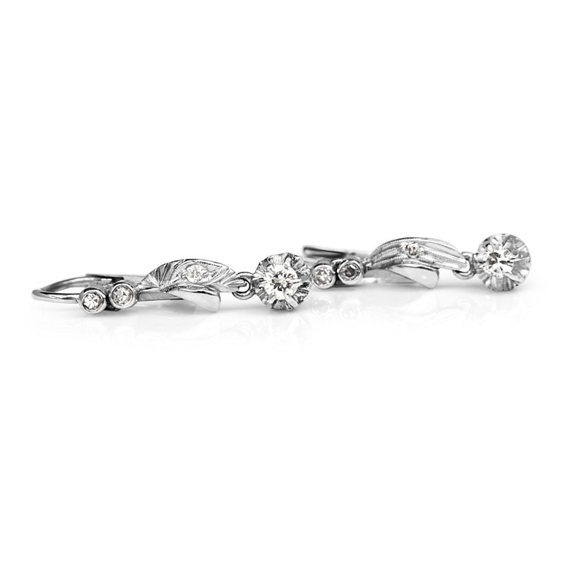 Palladium Art Deco Single Cut Diamond Drop Earrings With 9ct Backings