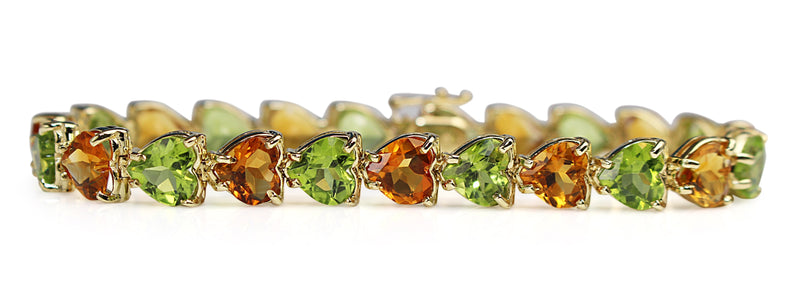 14ct Yellow Gold Peridot and Citrine Heart Bracelet