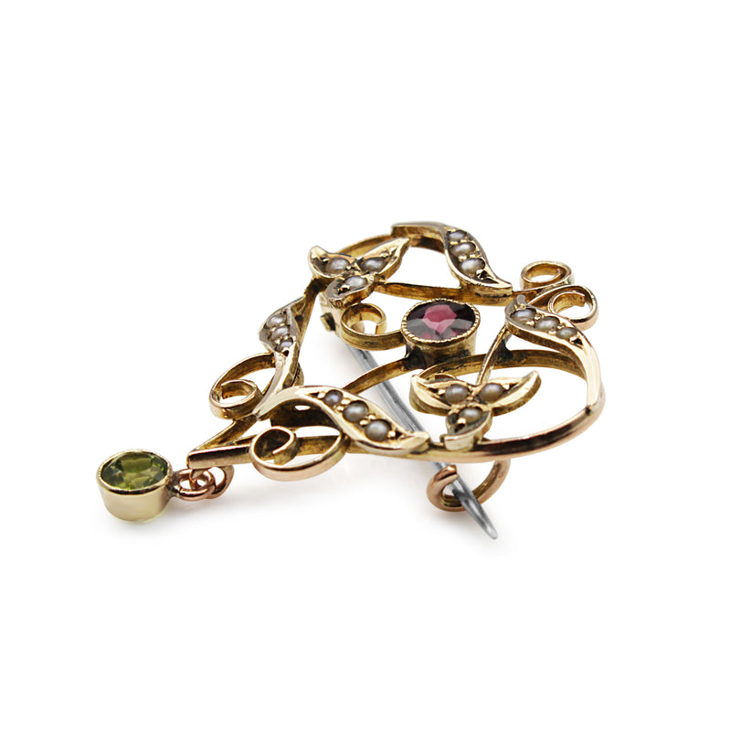 9ct Yellow Gold Antique Garnet, Pearl and Peridot Suffragette Brooch