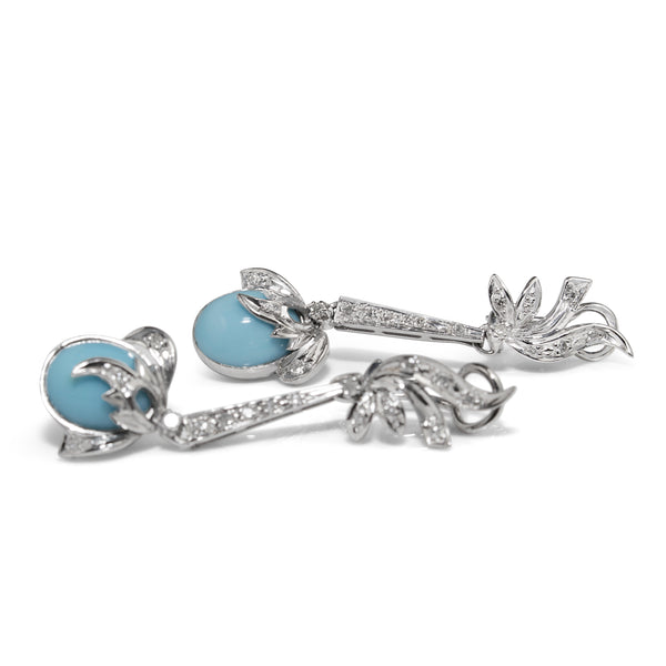 Palladium Art Deco Diamond and Turquoise Drop Earrings