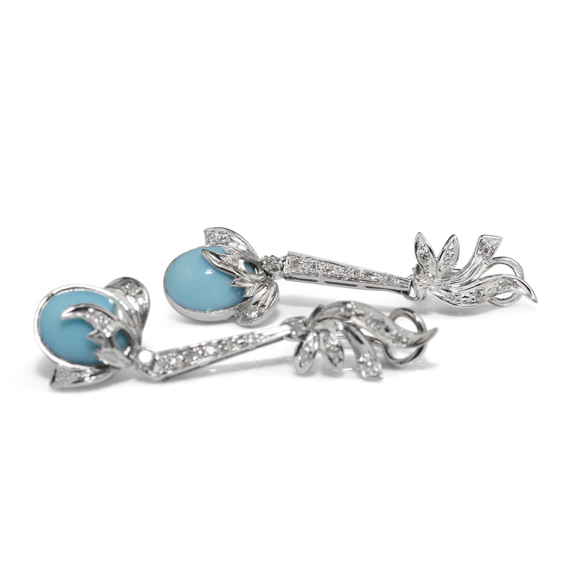Palladium Art Deco Diamond and Turquoise Drop Earrings