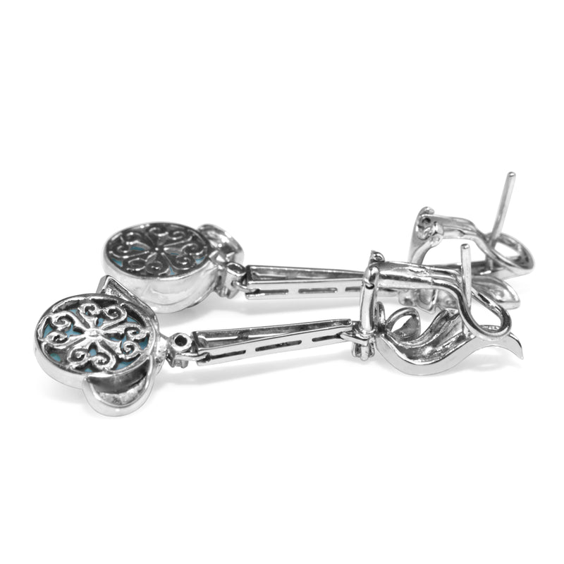 Palladium Art Deco Diamond and Turquoise Drop Earrings