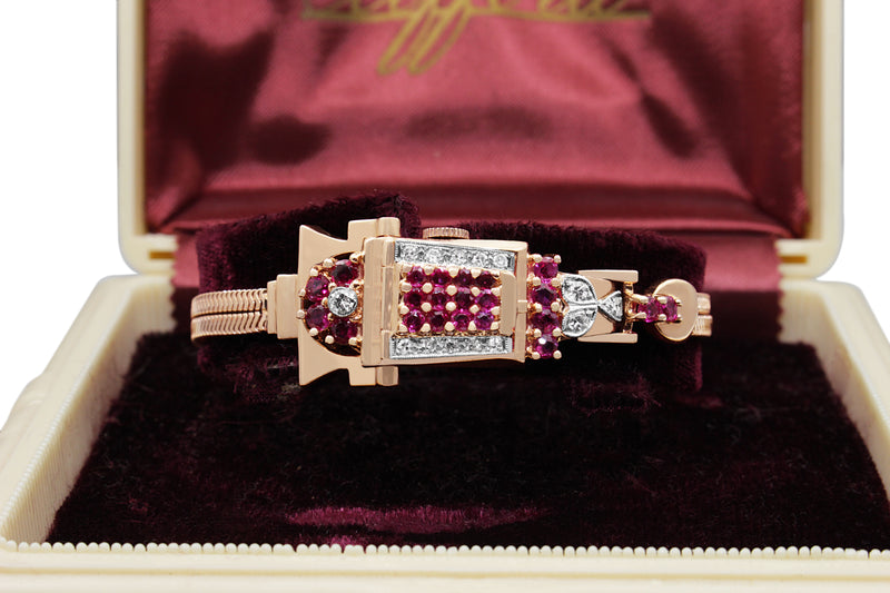 14ct Rose Gold Art Deco Ruby and Diamond Watch / Bracelet