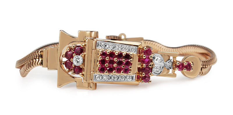 14ct Rose Gold Art Deco Ruby and Diamond Watch / Bracelet