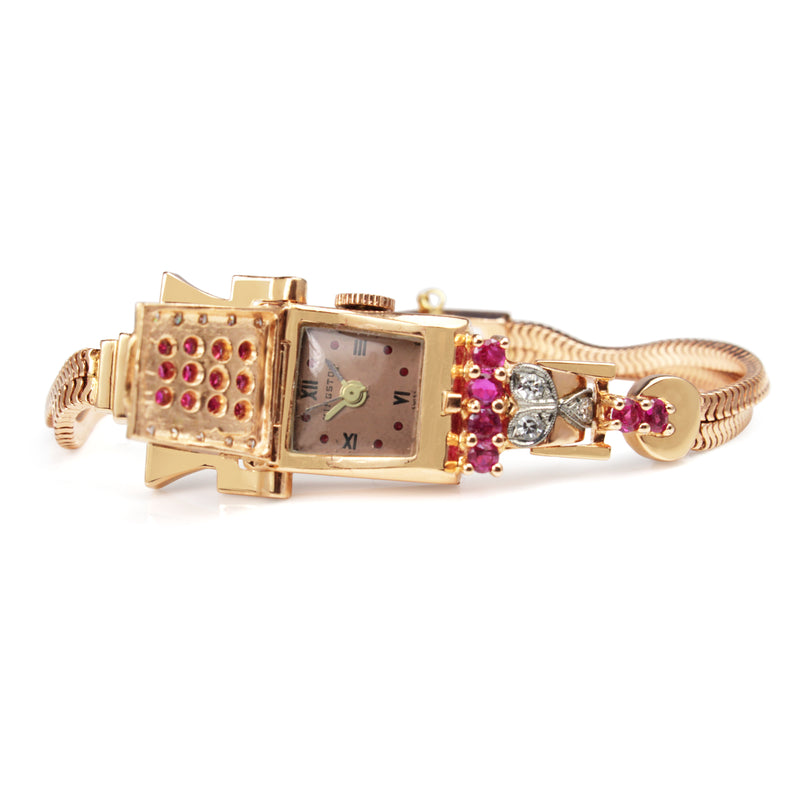 14ct Rose Gold Art Deco Ruby and Diamond Watch / Bracelet