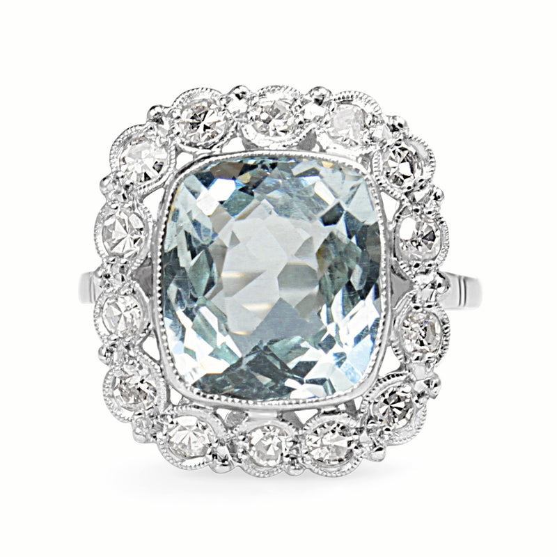 Platinum Art Deco Aquamarine and Single Cut Diamond Ring