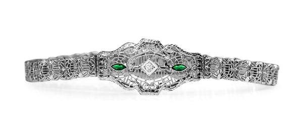 14ct White Gold Art Deco Synthetic Emerald and Old Cut Diamond Bracelet