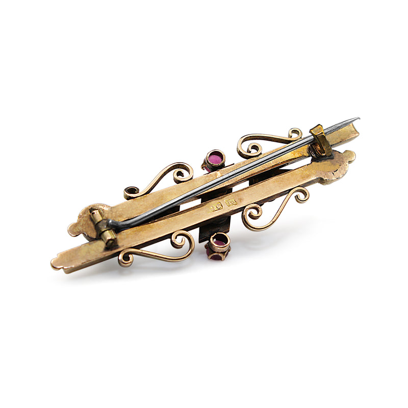 9ct Yellow / Rose Gold Antique Opal and Red Paste Brooch