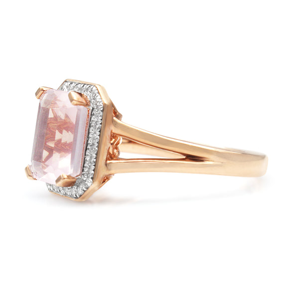 9ct Rose Gold Rose Quartz Diamond Halo Ring