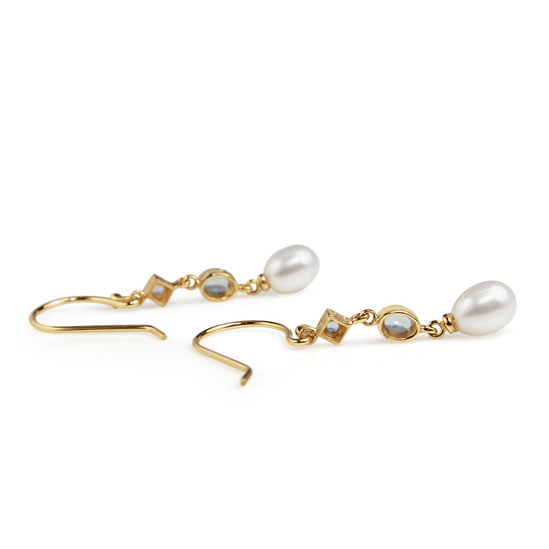 9ct Yellow Gold Topaz and Pearl Drop Earrings