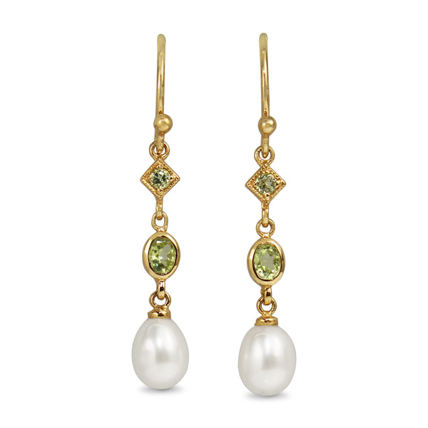 9ct Yellow Gold Peridot and Pearl Drop Earrings