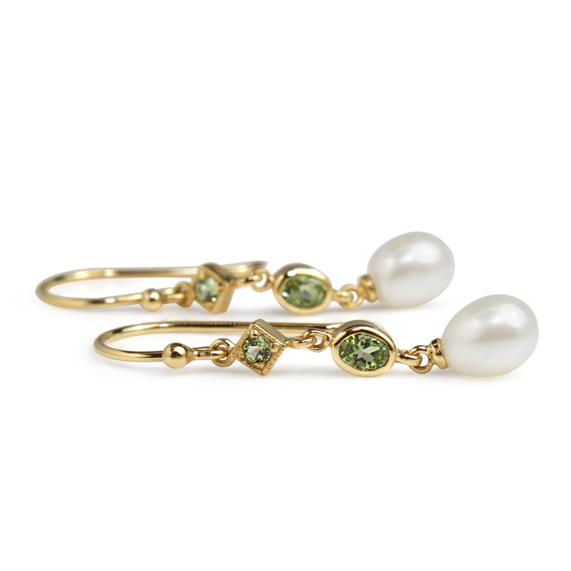 9ct Yellow Gold Peridot and Pearl Drop Earrings
