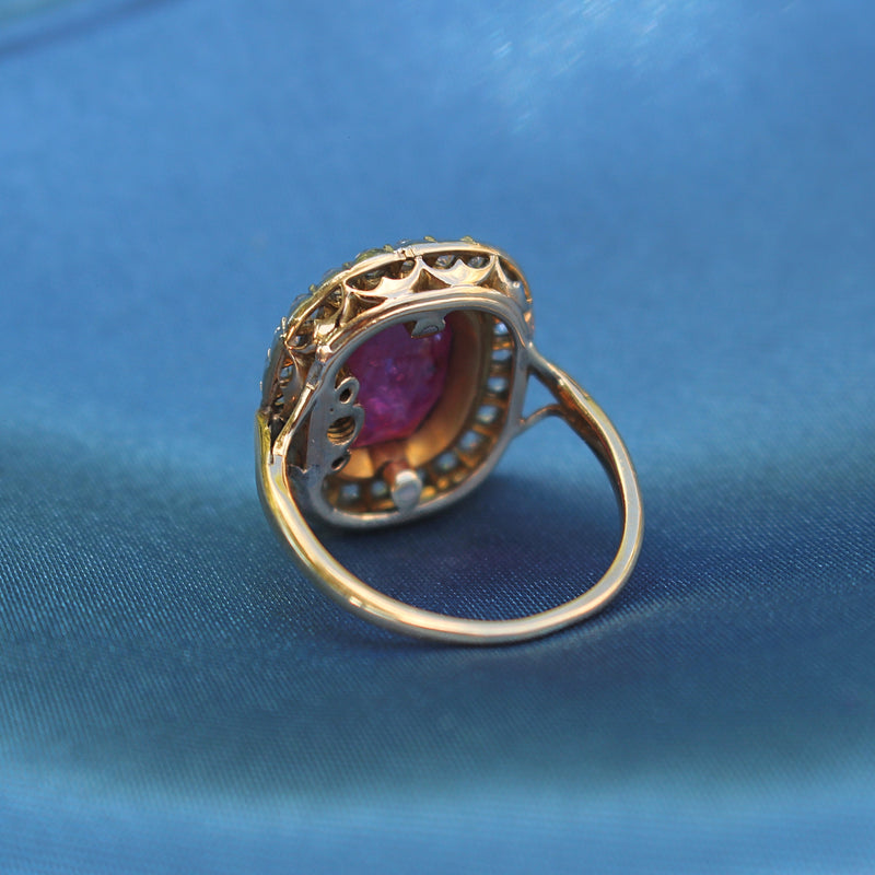 18ct Yellow and White Gold Antique Ruby and Diamond Halo Ring