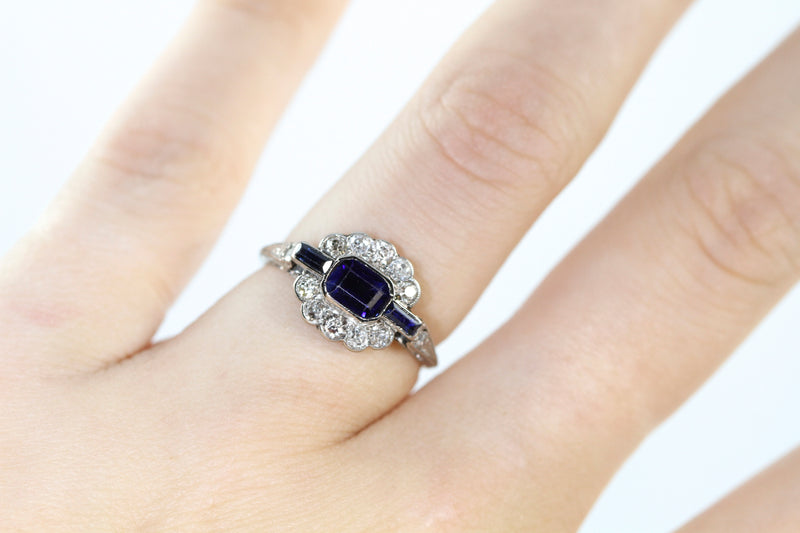 18ct White Gold Art Deco Sapphire and Old Cut Diamond Ring
