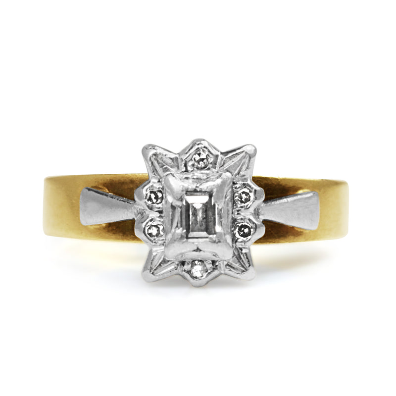 18ct Yellow and White Gold Baguette Diamond Halo Ring