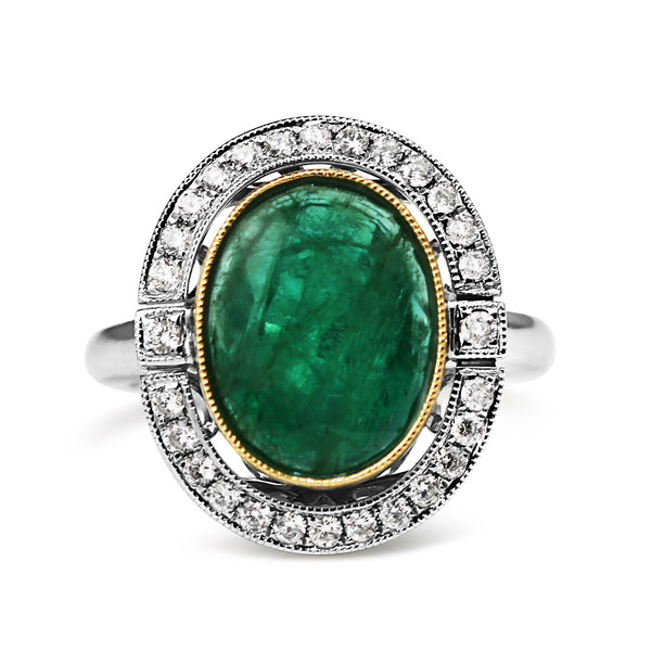 18ct Yellow and White Gold Deco Style 3.70 Emerald and Diamond Halo Ring