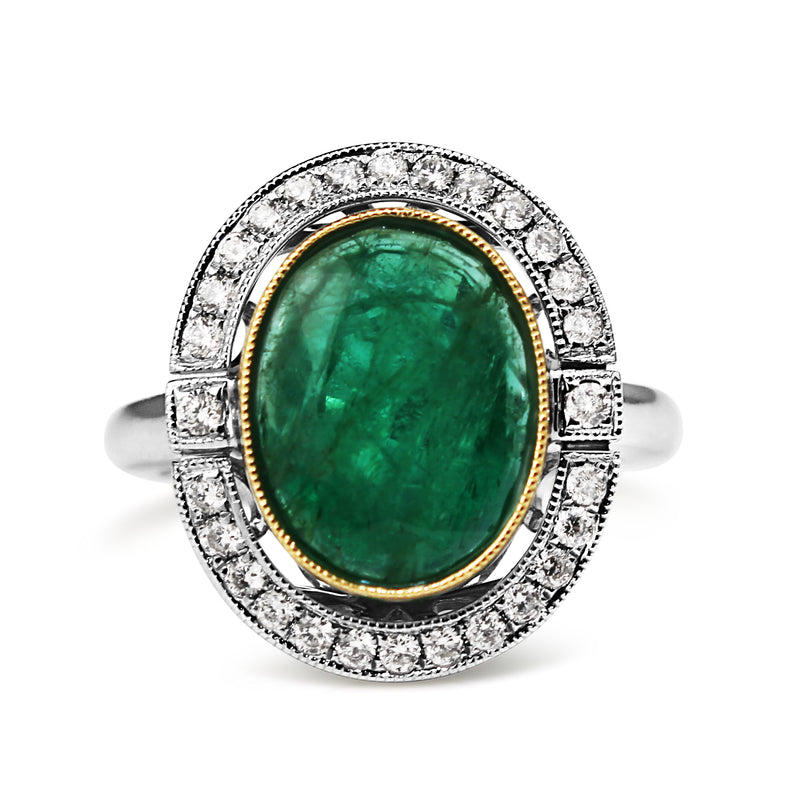 18ct Yellow and White Gold Deco Style 3.70 Emerald and Diamond Halo Ring