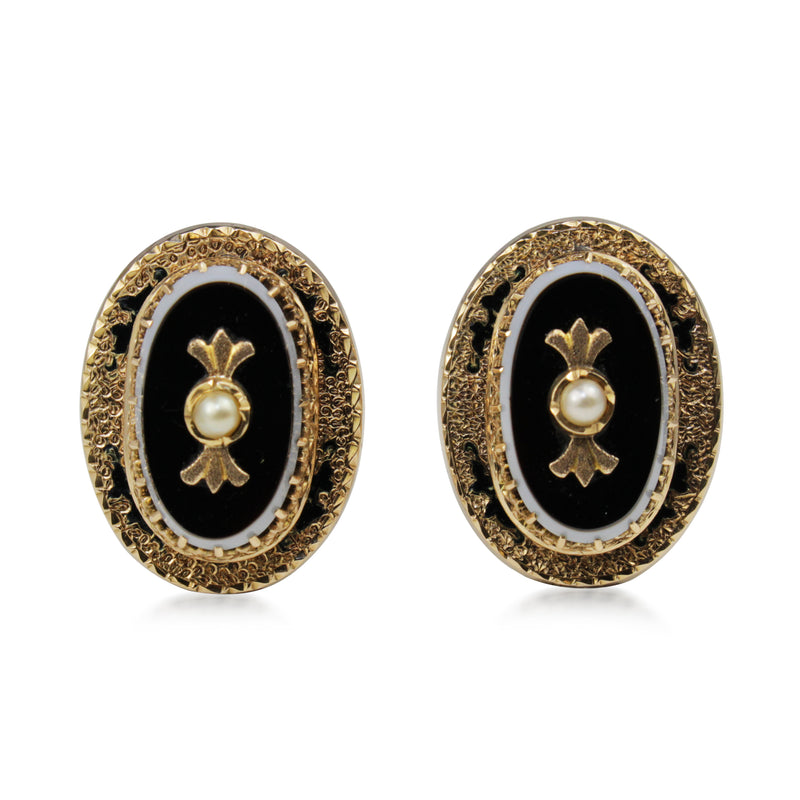14ct Yellow Gold Antique Agate, Pearl and Enamel Victorian Earrings