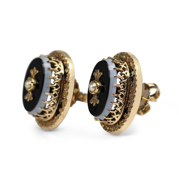 14ct Yellow Gold Antique Agate, Pearl and Enamel Victorian Earrings