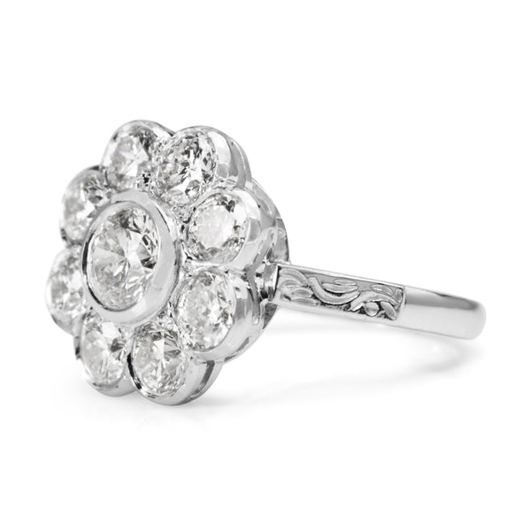 18ct White Gold Diamond Daisy Ring With Etched Shoulders