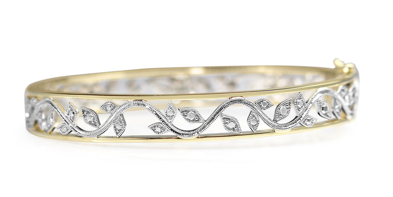 9ct Yellow and White Gold Diamond Floral Filigree Bangle