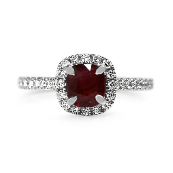 18ct White Gold Ruby and Diamond Halo Ring